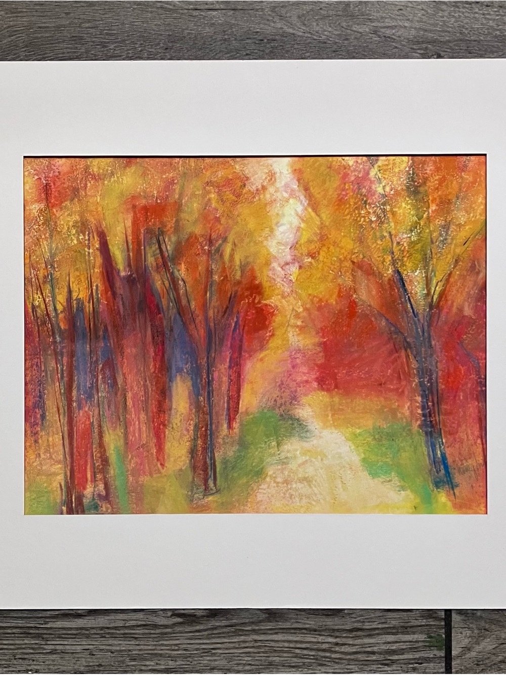Autumn OIL PASTEL / Colorful GROVE OF TREES / Signed NANCY S.? / MATTED to 16x20
